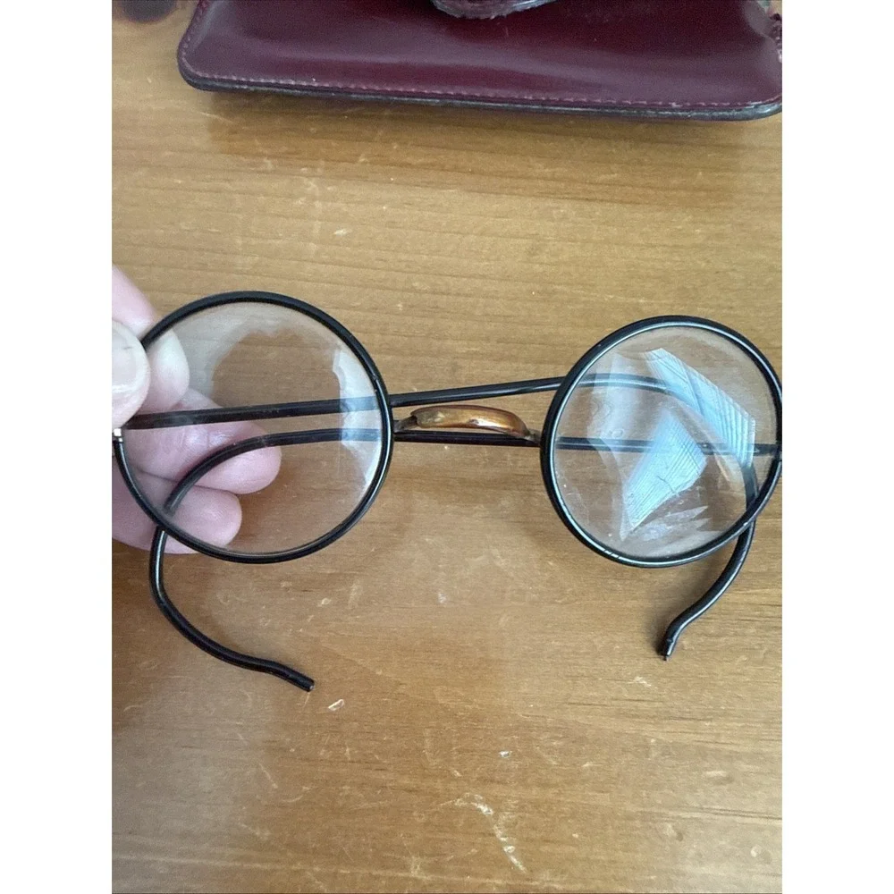 Antique Windsor Style Eyeglasses Black Metal Frame Gold Tone Hinges With Case